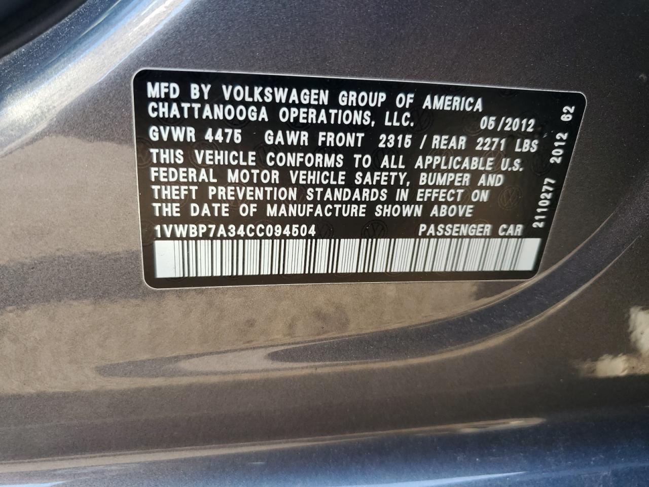 2012 Volkswagen Passat Se VIN: 1VWBP7A34CC094504 Lot: 81576665