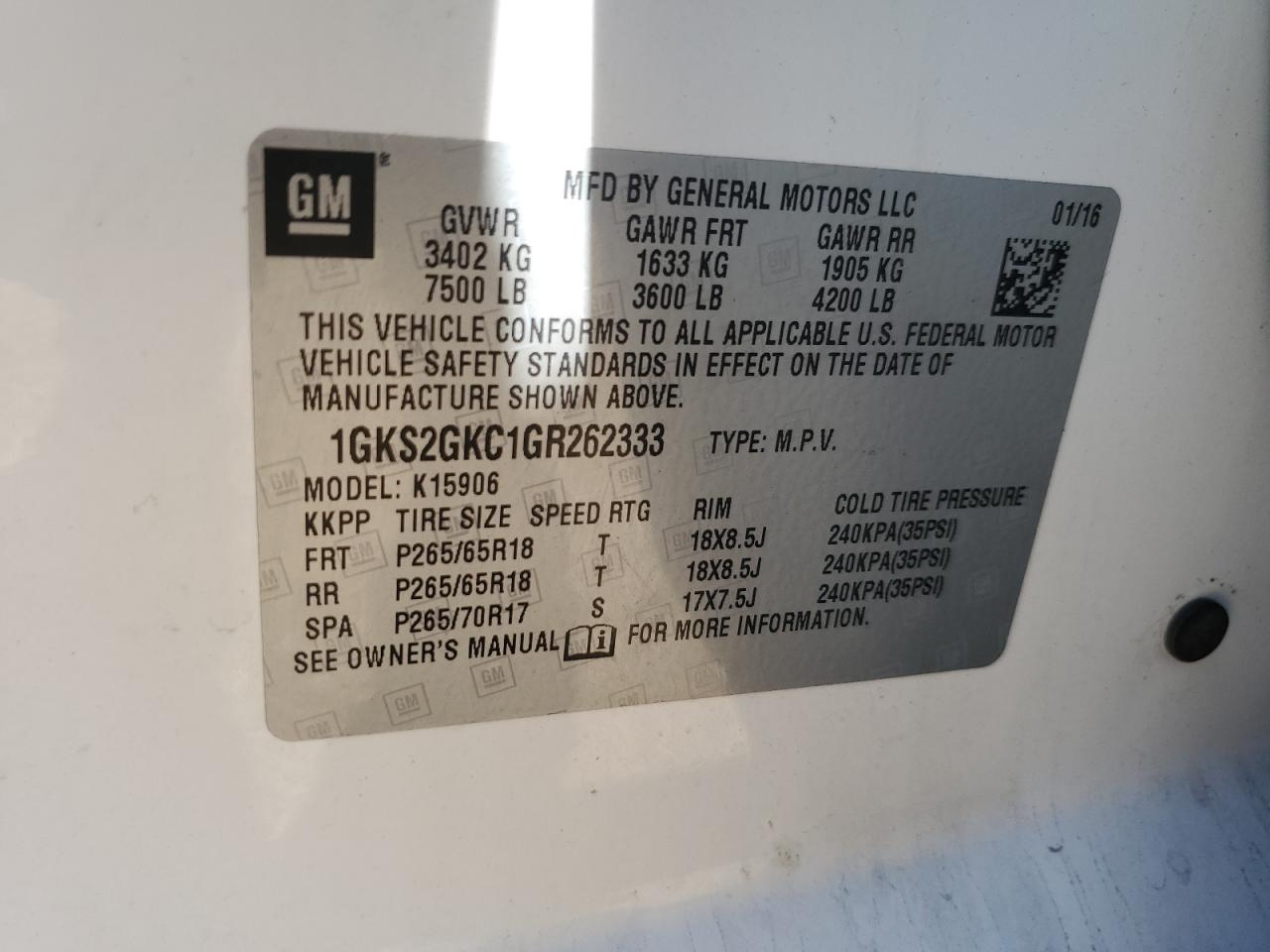 2016 GMC Yukon Xl K1500 Slt VIN: 1GKS2GKC1GR262333 Lot: 83965535