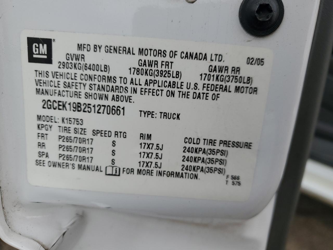 2005 Chevrolet Silverado K1500 VIN: 2GCEK19B251270661 Lot: 81614315