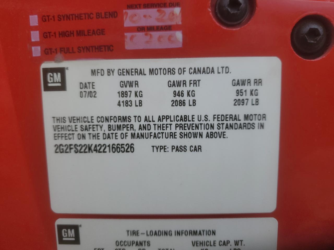 2002 Pontiac Firebird VIN: 2G2FS22K422166526 Lot: 80489605