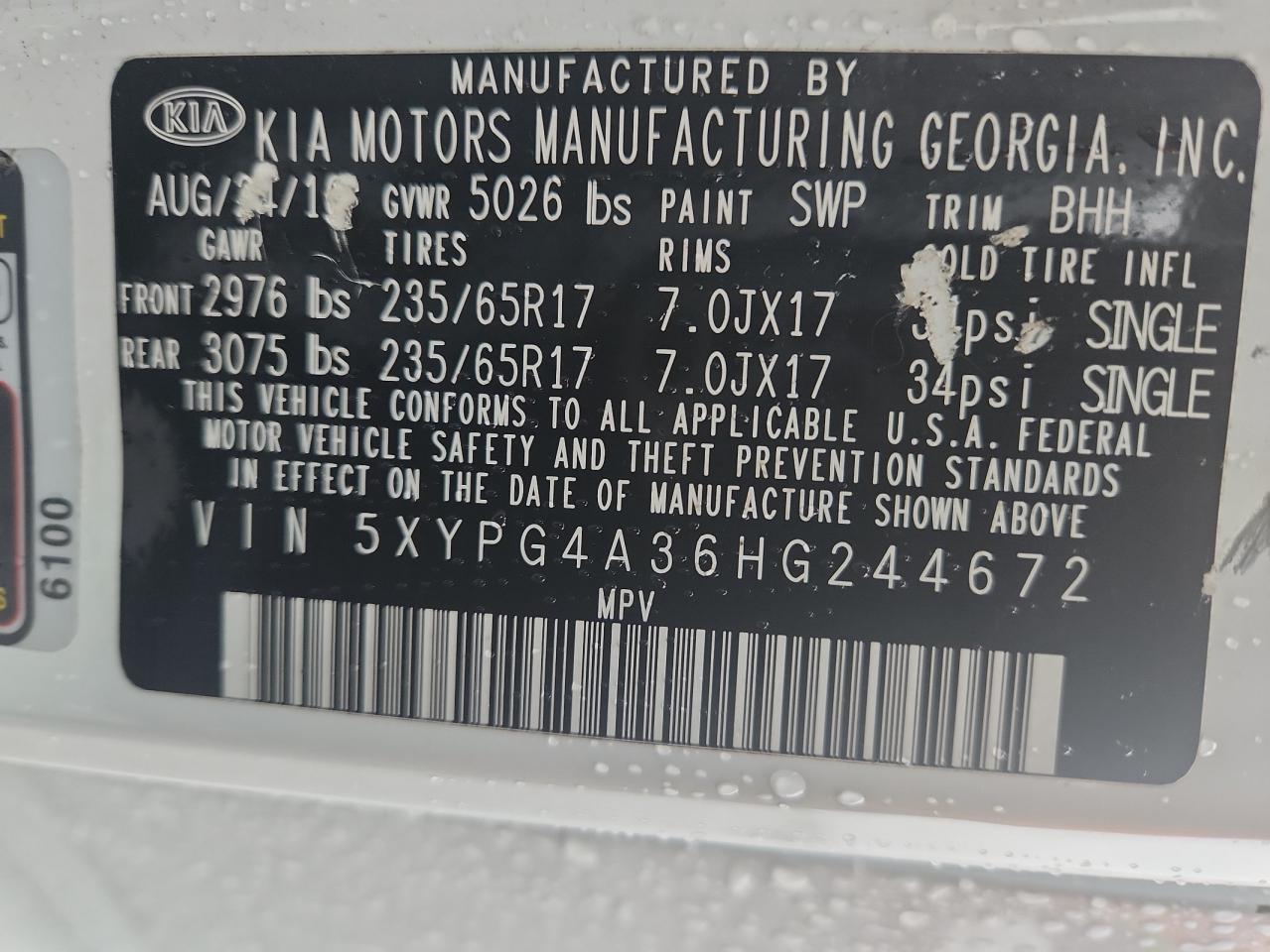 2017 Kia Sorento Lx VIN: 5XYPG4A36HG244672 Lot: 81814345