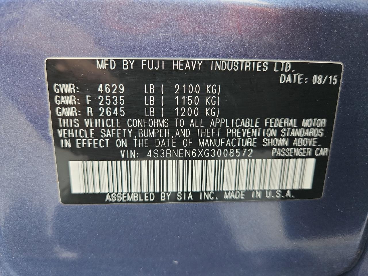 2016 Subaru Legacy 3.6R Limited VIN: 4S3BNEN6XG3008572 Lot: 80498065