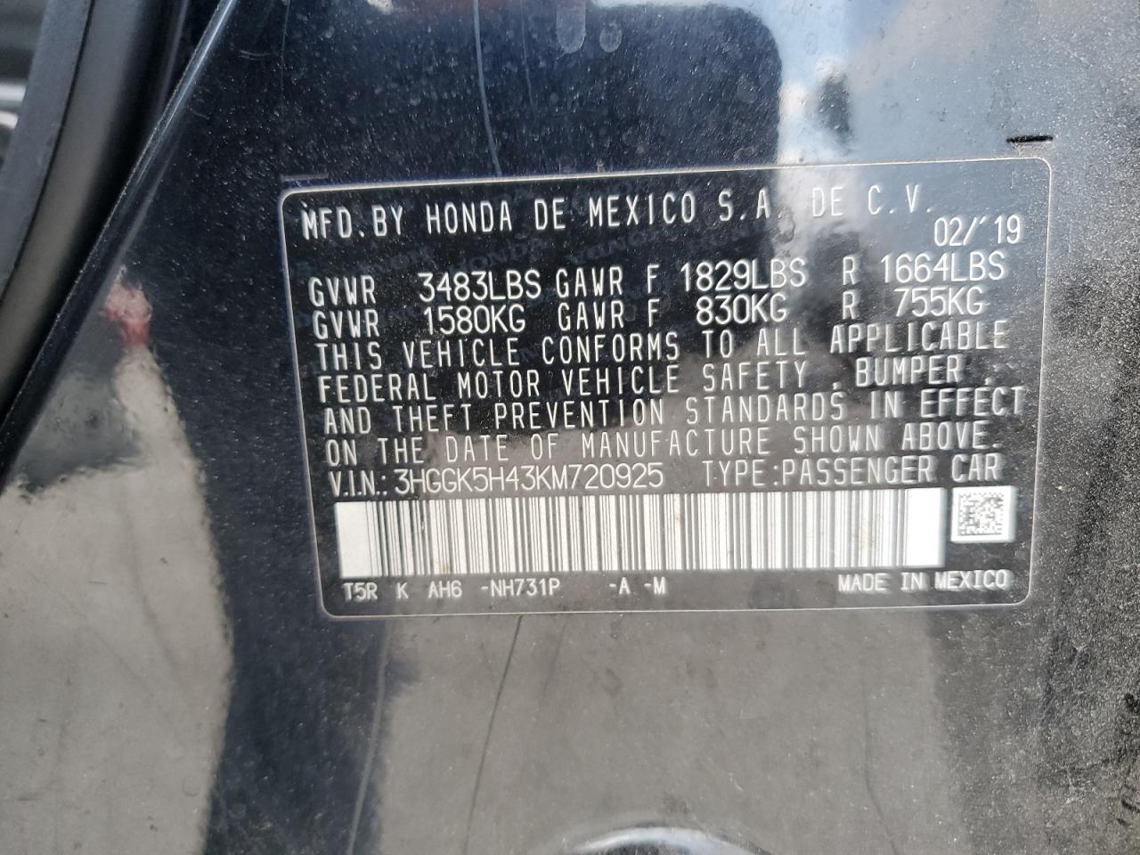 2019 Honda Fit Lx VIN: 3HGGK5H43KM720925 Lot: 84791925