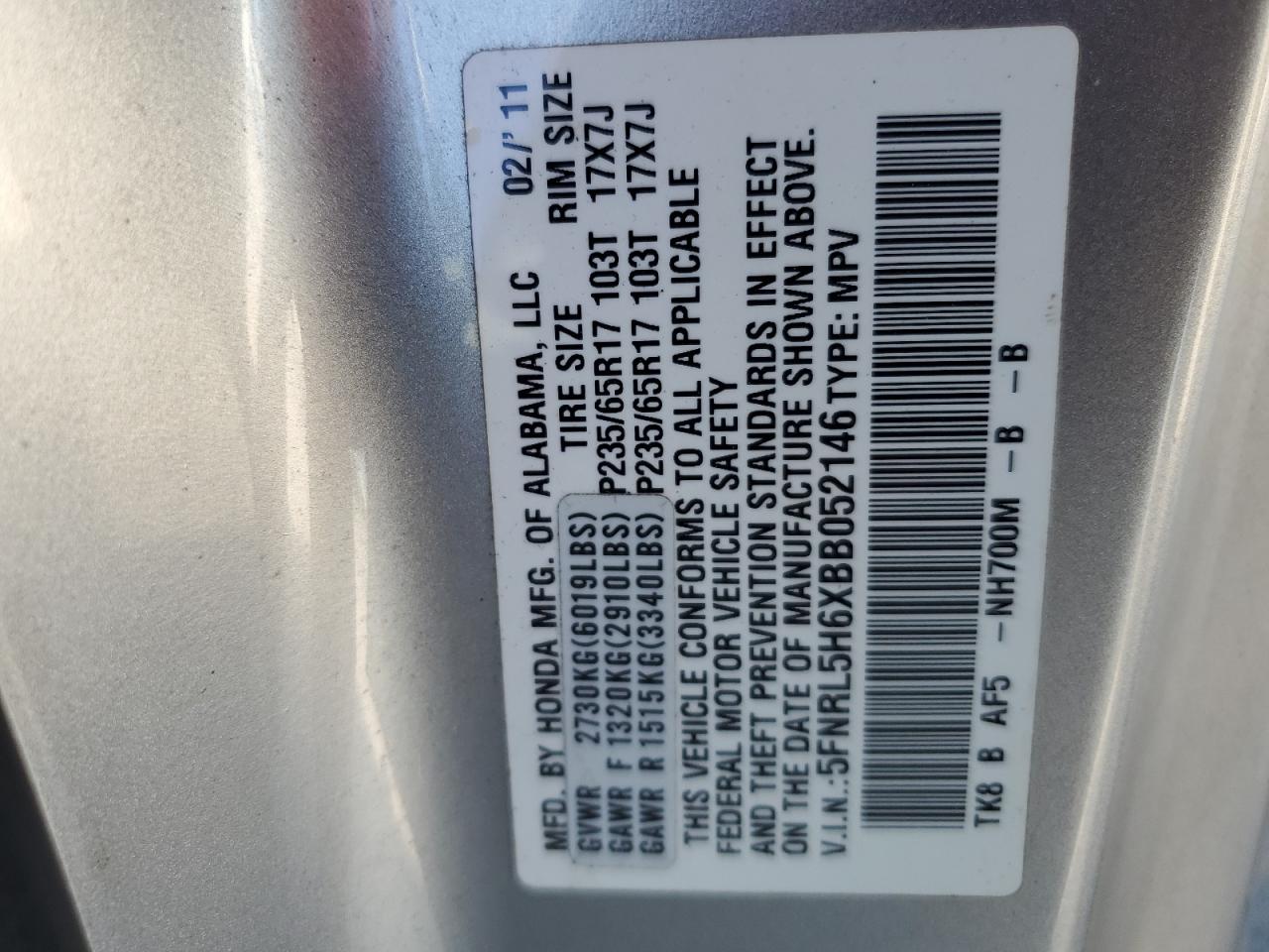 2011 Honda Odyssey Exl VIN: 5FNRL5H6XBB052146 Lot: 82131525