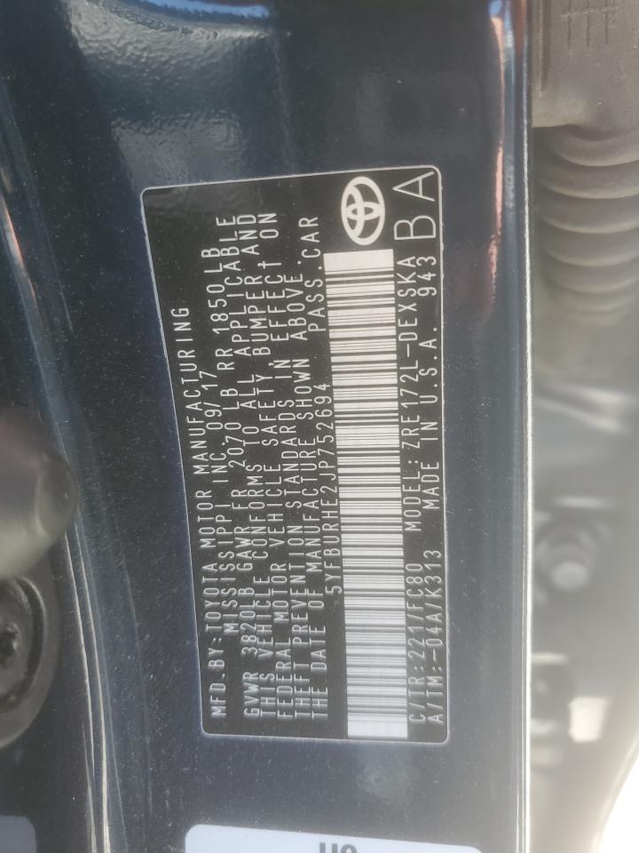 2018 Toyota Corolla L VIN: 5YFBURHE2JP752694 Lot: 80887455