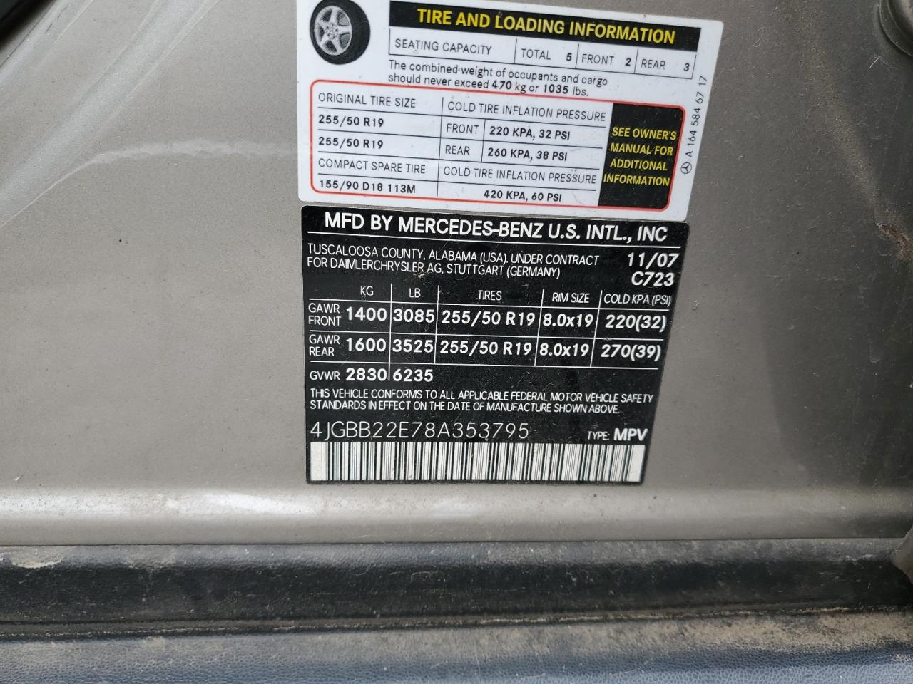 2008 Mercedes-Benz Ml 320 Cdi VIN: 4JGBB22E78A353795 Lot: 84032915