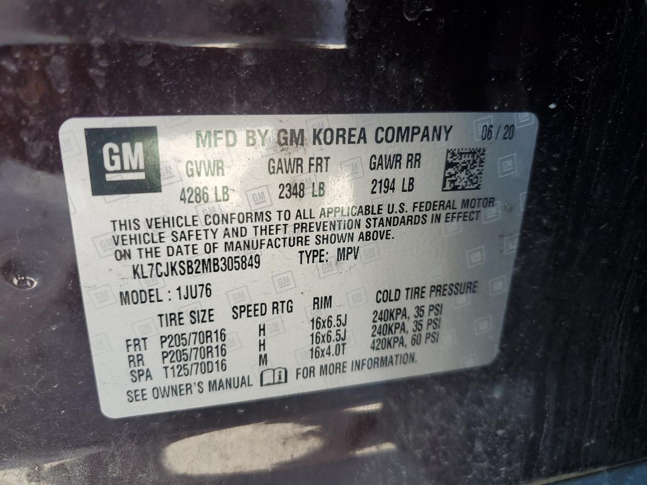 2021 Chevrolet Trax Ls VIN: KL7CJKSB2MB305849 Lot: 70650915