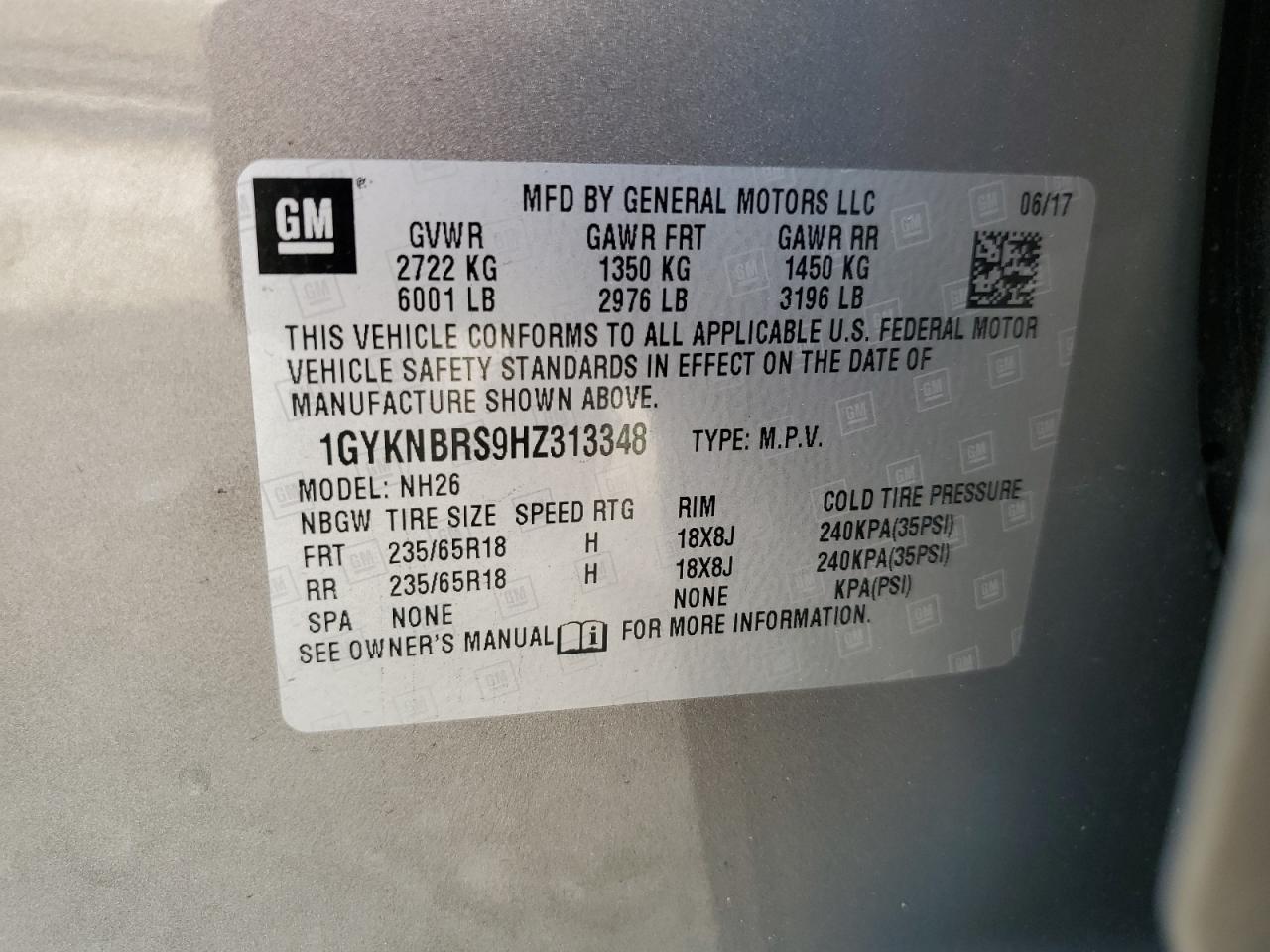 2017 Cadillac Xt5 Luxury VIN: 1GYKNBRS9HZ313348 Lot: 71478155