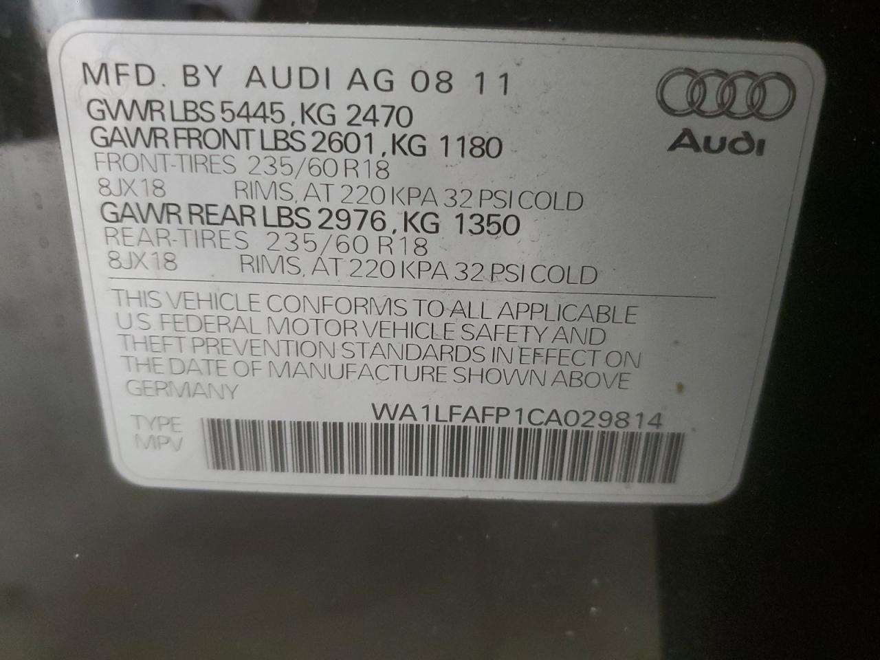 2012 Audi Q5 Premium Plus VIN: WA1LFAFP1CA029814 Lot: 84459825
