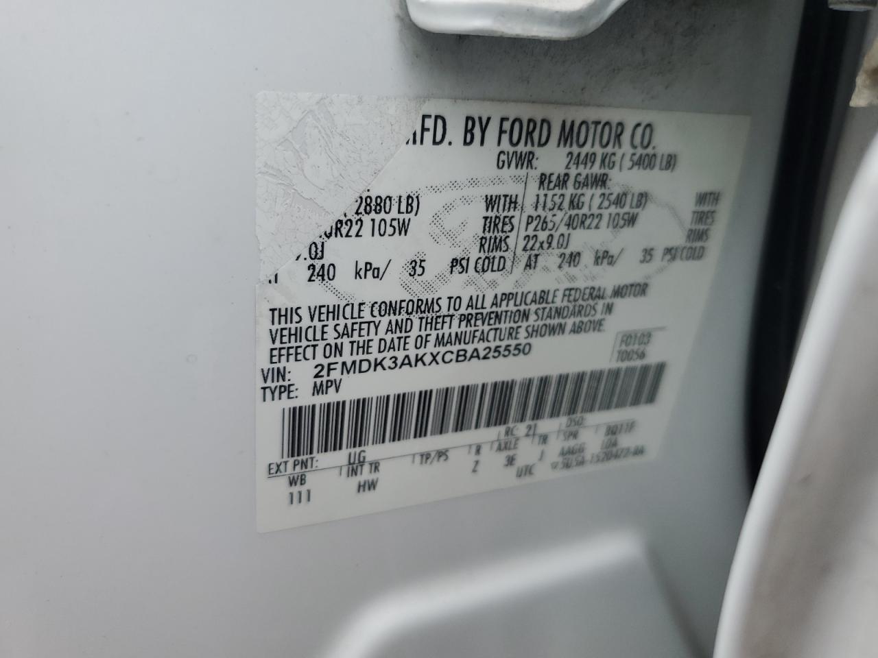 2012 Ford Edge Sport VIN: 2FMDK3AKXCBA25550 Lot: 84263335