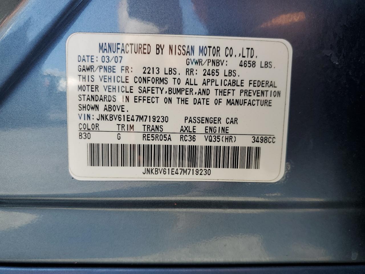 2007 Infiniti G35 VIN: JNKBV61E47M719230 Lot: 81847885