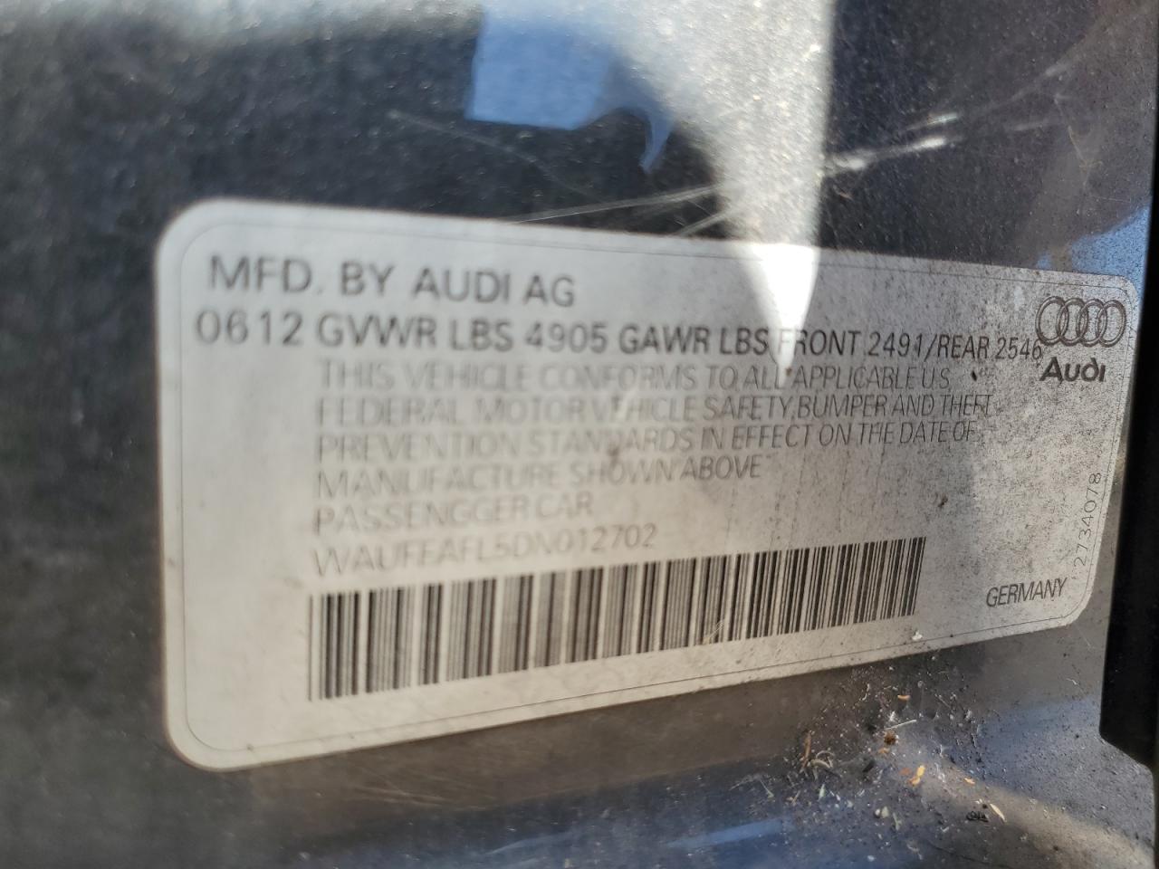 2013 Audi A4 Premium Plus VIN: WAUFFAFL5DN012702 Lot: 84009095