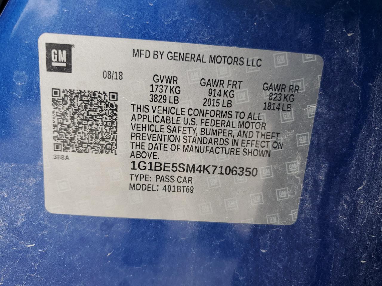 2019 Chevrolet Cruze Lt VIN: 1G1BE5SM4K7106350 Lot: 81200025