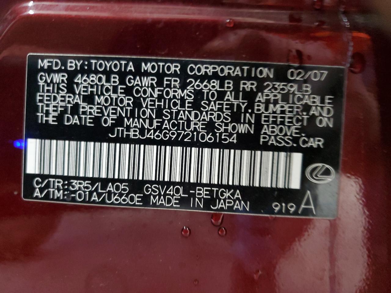 2007 Lexus Es 350 VIN: JTHBJ46G972106154 Lot: 80848895