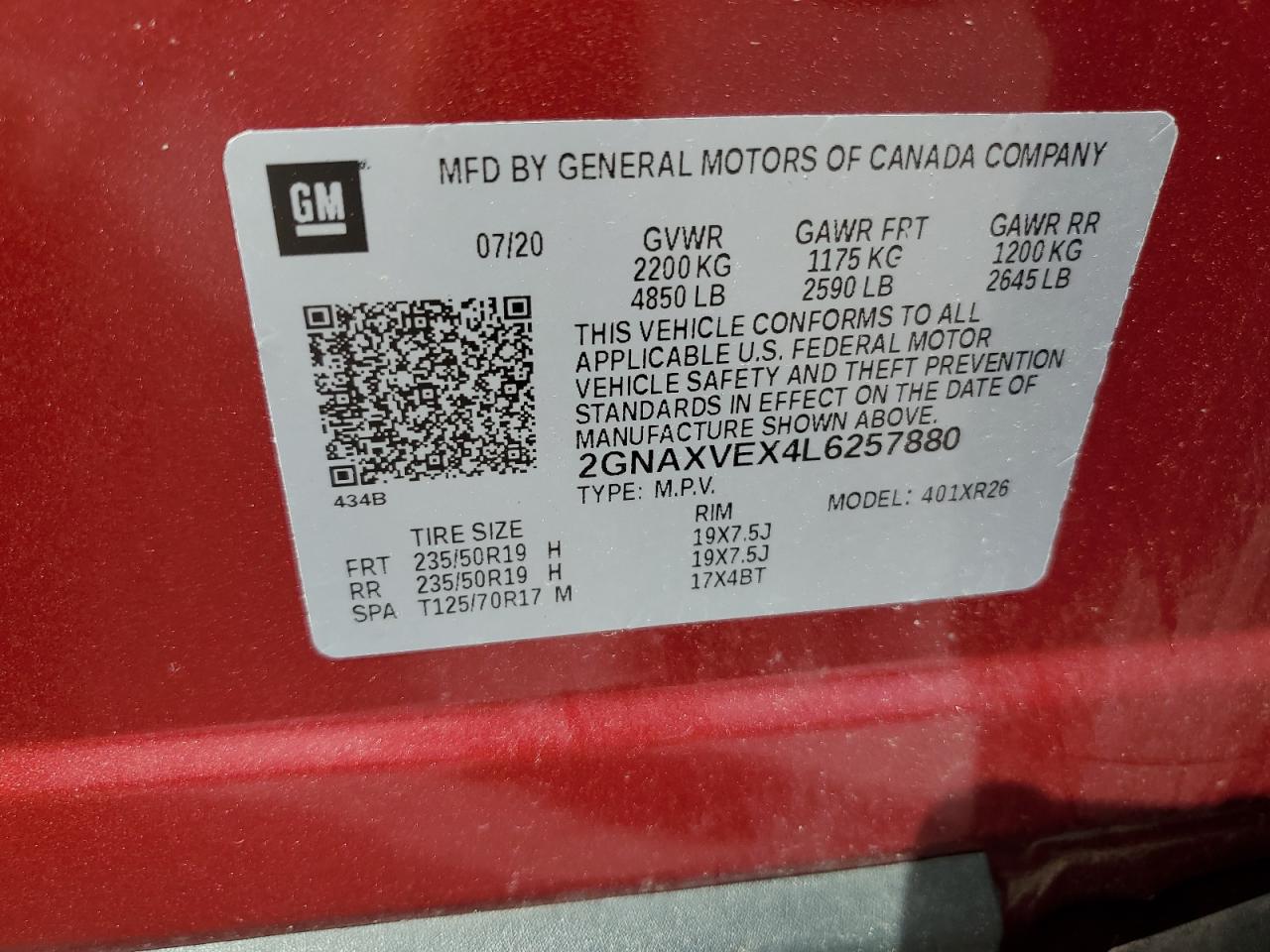 2020 Chevrolet Equinox Lt VIN: 2GNAXVEX4L6257880 Lot: 71887975