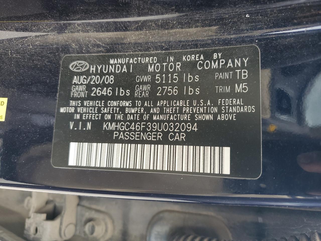 2009 Hyundai Genesis 4.6L VIN: KMHGC46F39U032094 Lot: 80375965