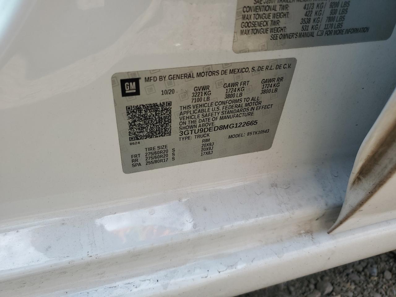 2021 GMC Sierra K1500 Slt VIN: 3GTU9DED8MG122665 Lot: 84603145