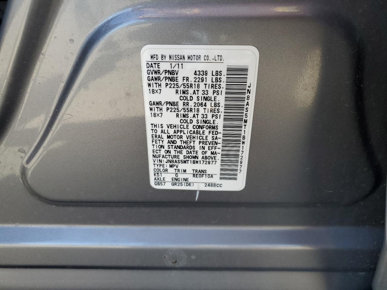 2011 Nissan Rogue S VIN: JN8AS5MT1BW172977 Lot: 80015625