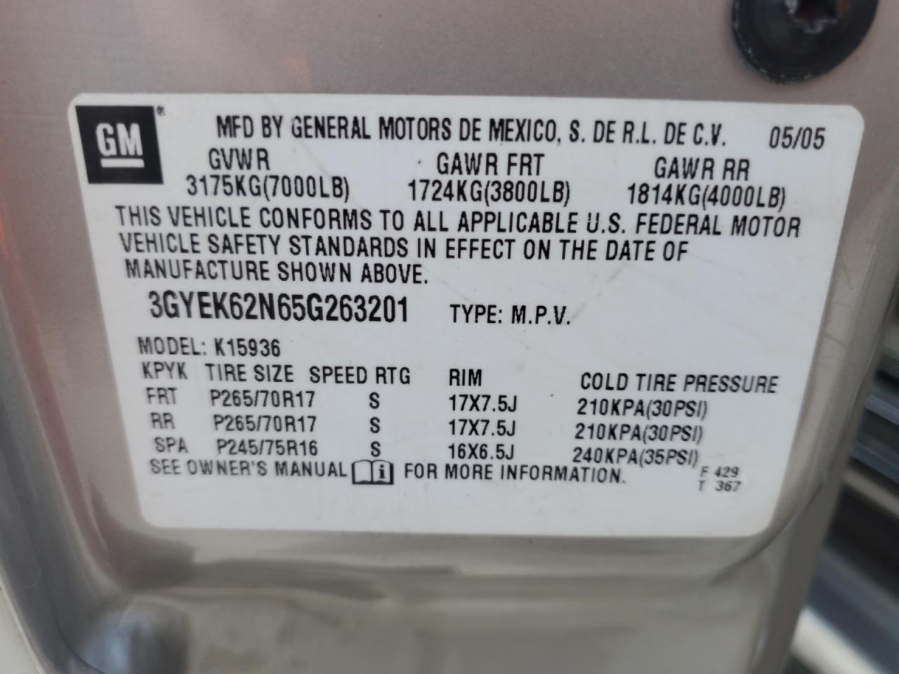 2005 Cadillac Escalade Ext VIN: 3GYEK62N65G263201 Lot: 71621405