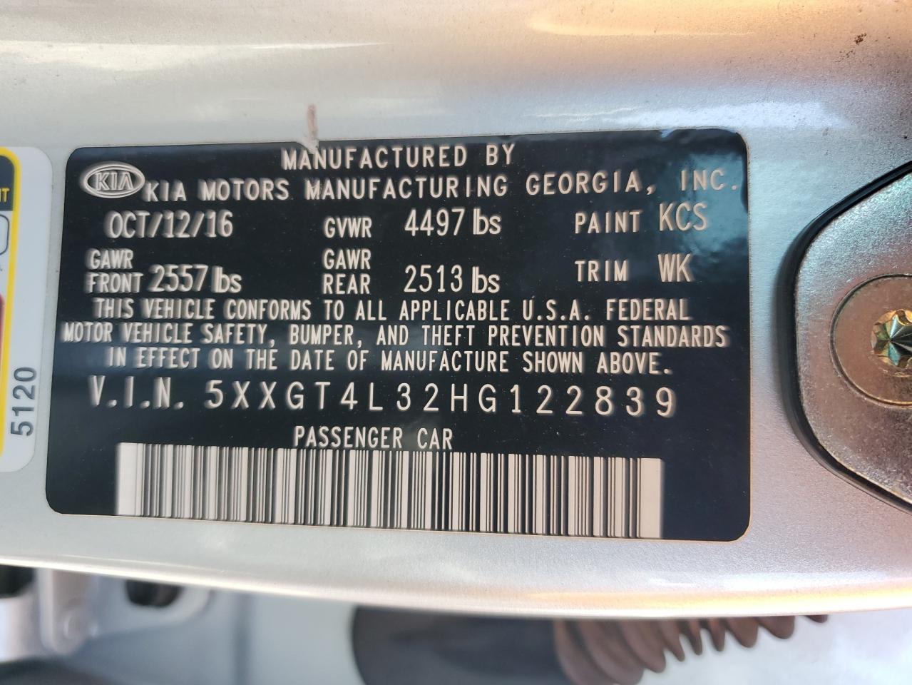2017 Kia Optima Lx VIN: 5XXGT4L32HG122839 Lot: 80560005