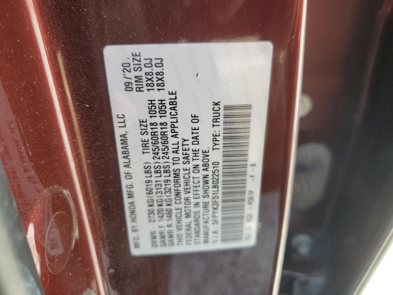 2020 Honda Ridgeline Rtl VIN: 5FPYK3F51LB022510 Lot: 80438415