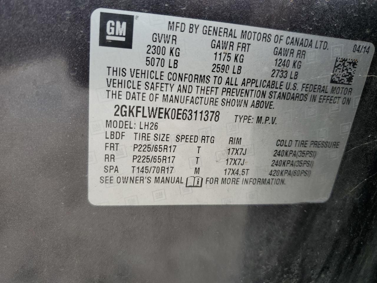 2014 GMC Terrain Sle VIN: 2GKFLWEK0E6311378 Lot: 71770235