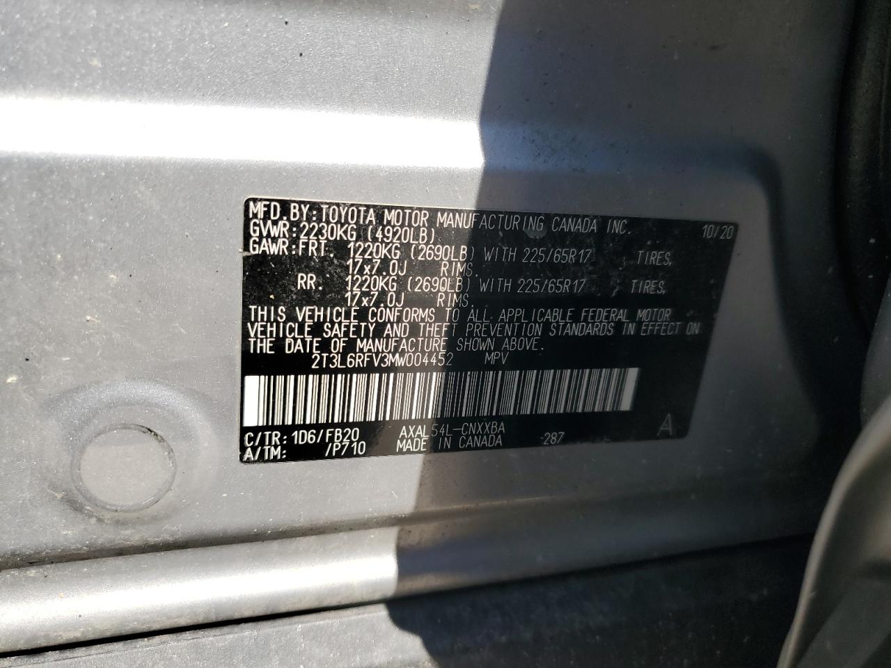 2021 Toyota Rav4 Le VIN: 2T3L6RFV3MW004452 Lot: 71258875