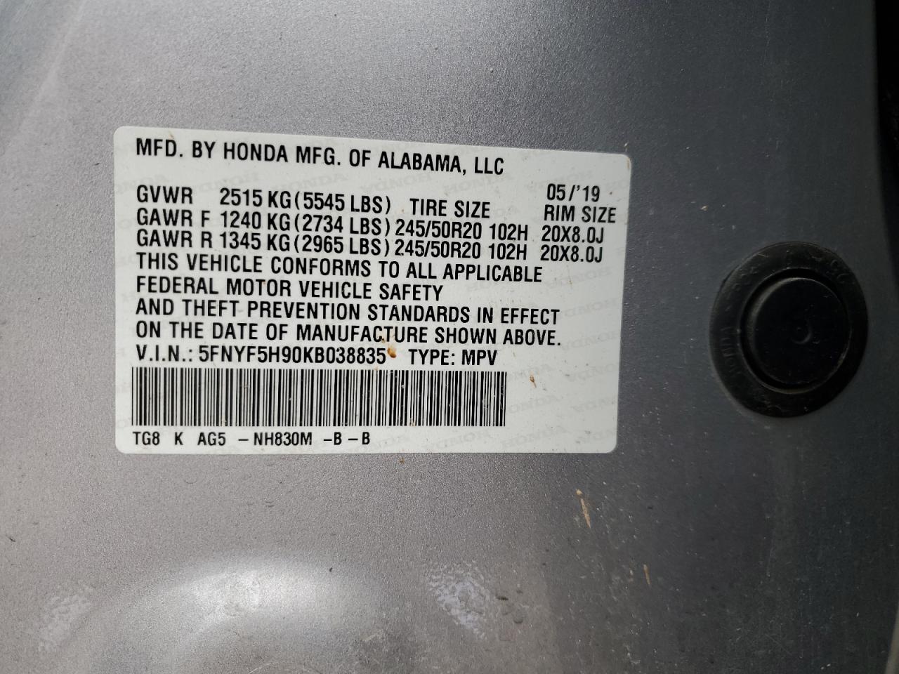 2019 Honda Pilot Touring VIN: 5FNYF5H90KB038835 Lot: 83950855