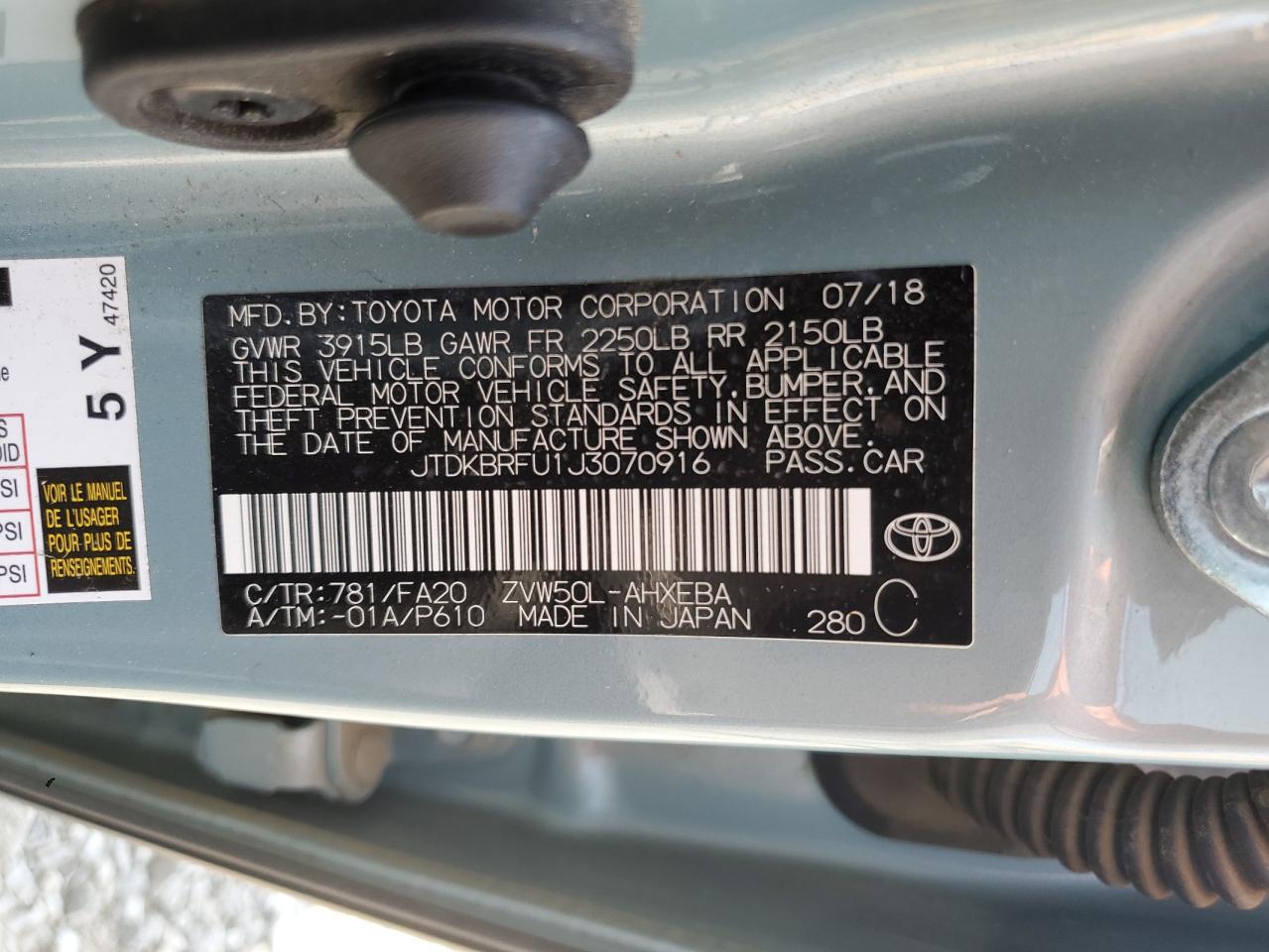 2018 Toyota Prius VIN: JTDKBRFU1J3070916 Lot: 71674725