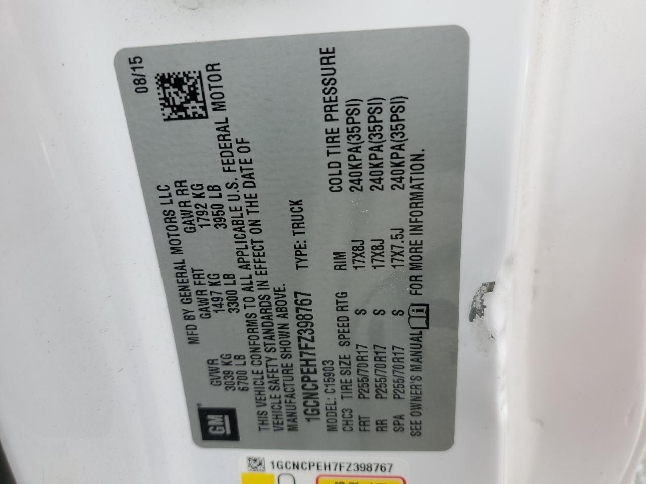 2015 Chevrolet Silverado C1500 VIN: 1GCNCPEH7FZ398767 Lot: 81837525