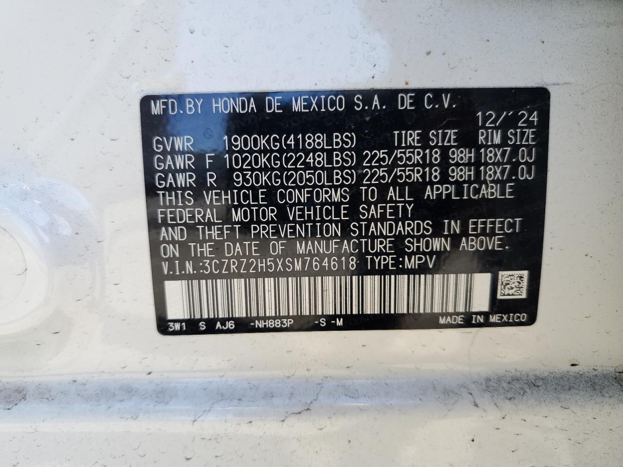 2025 Honda Hr-V Sport VIN: 3CZRZ2H5XSM764618 Lot: 81874175