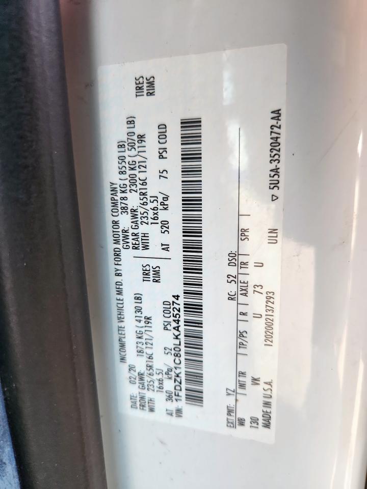 2020 Ford Transit T-150 VIN: 1FDZK1C80LKA45274 Lot: 80134545