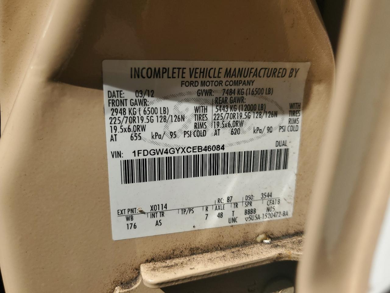 2012 Ford F450 Super Duty VIN: 1FDGW4GYXCEB46084 Lot: 81285845