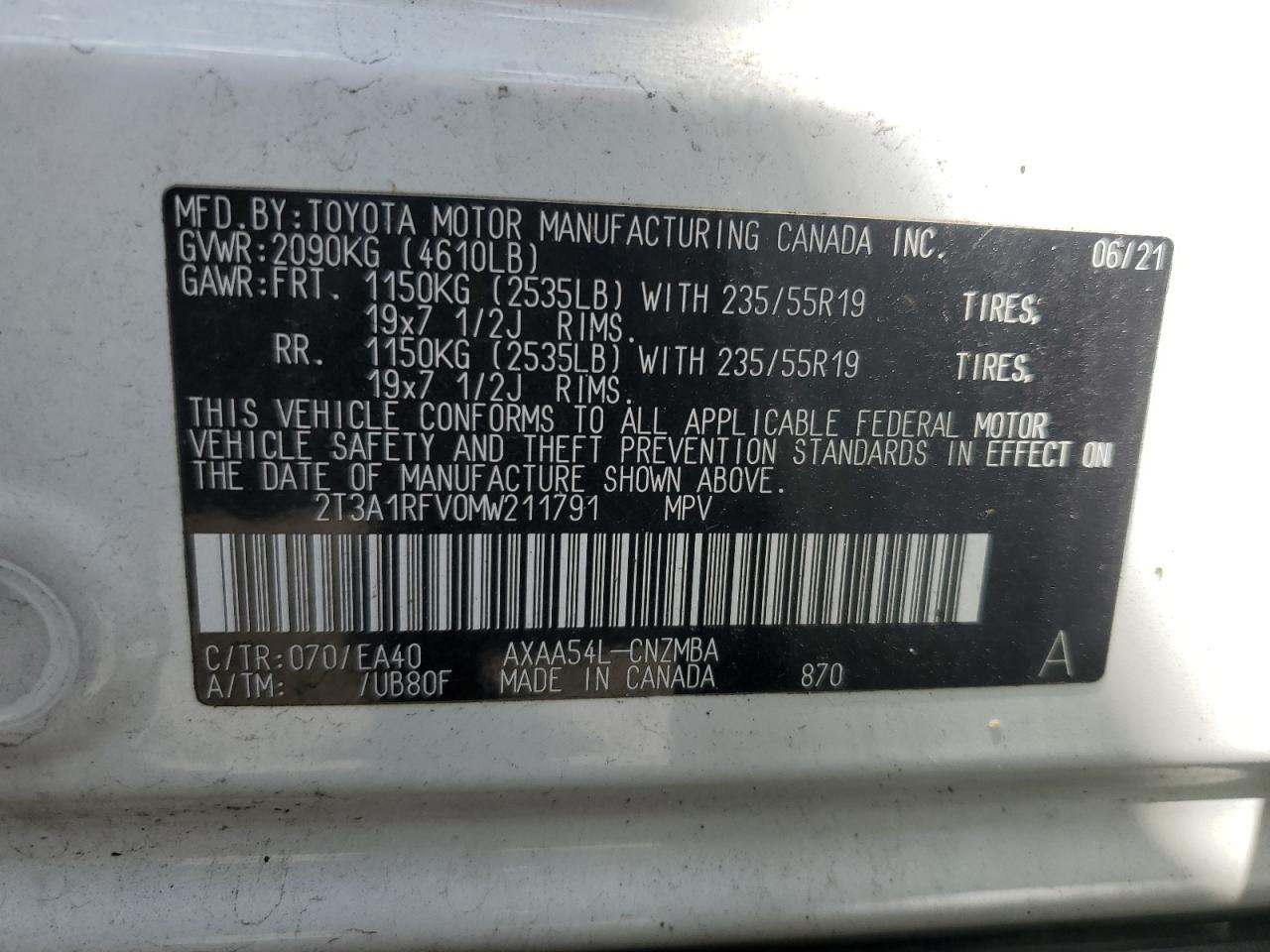 2021 Toyota Rav4 Xle Premium VIN: 2T3A1RFV0MW211791 Lot: 71279925