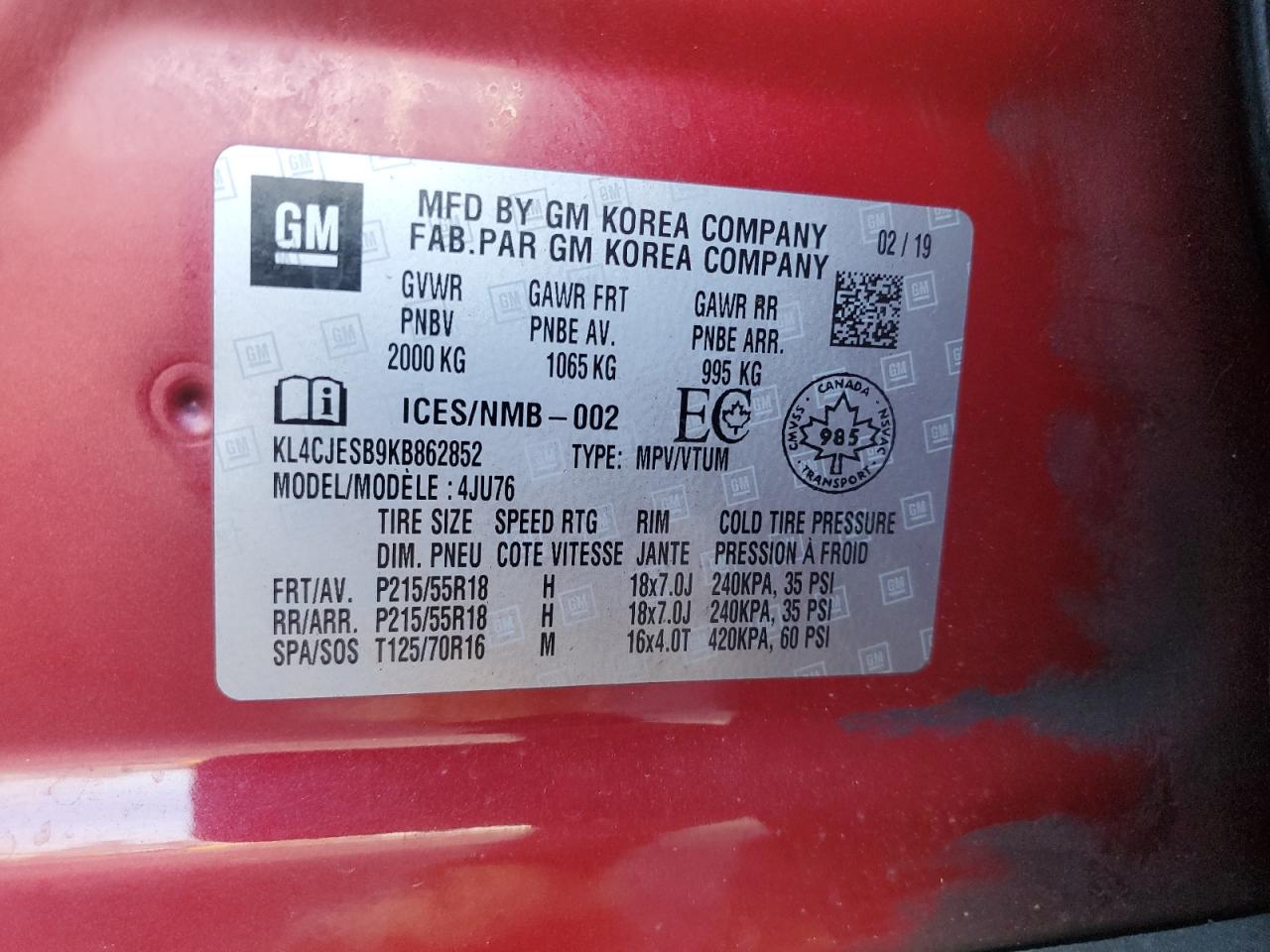 2019 Buick Encore Preferred VIN: KL4CJESB9KB862852 Lot: 82039325