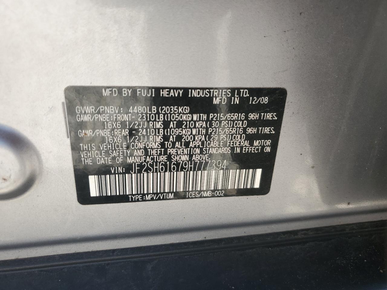 2009 Subaru Forester 2.5X VIN: JF2SH61679H777394 Lot: 84862645