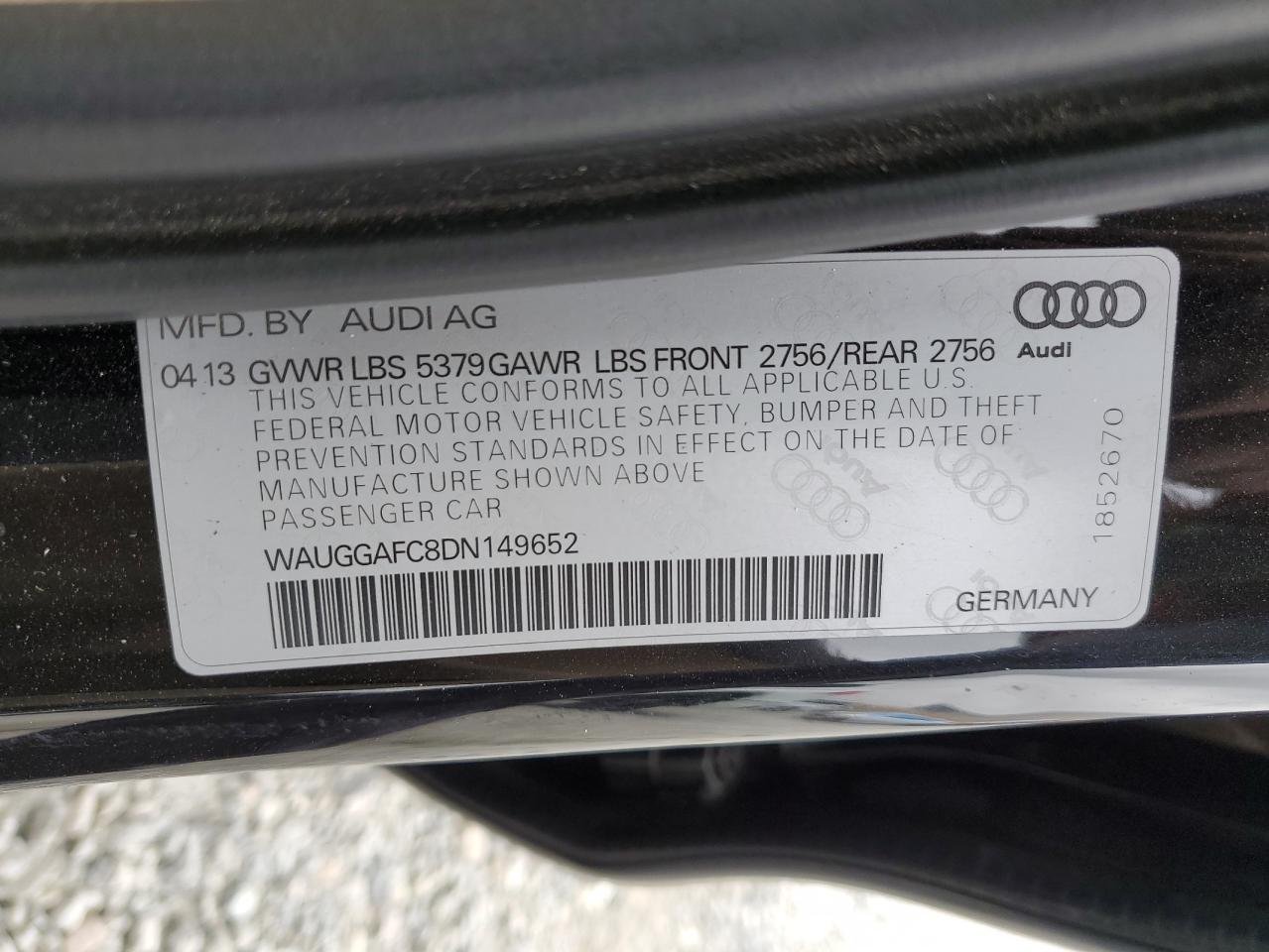 2013 Audi A6 Premium Plus VIN: WAUGGAFC8DN149652 Lot: 81836655