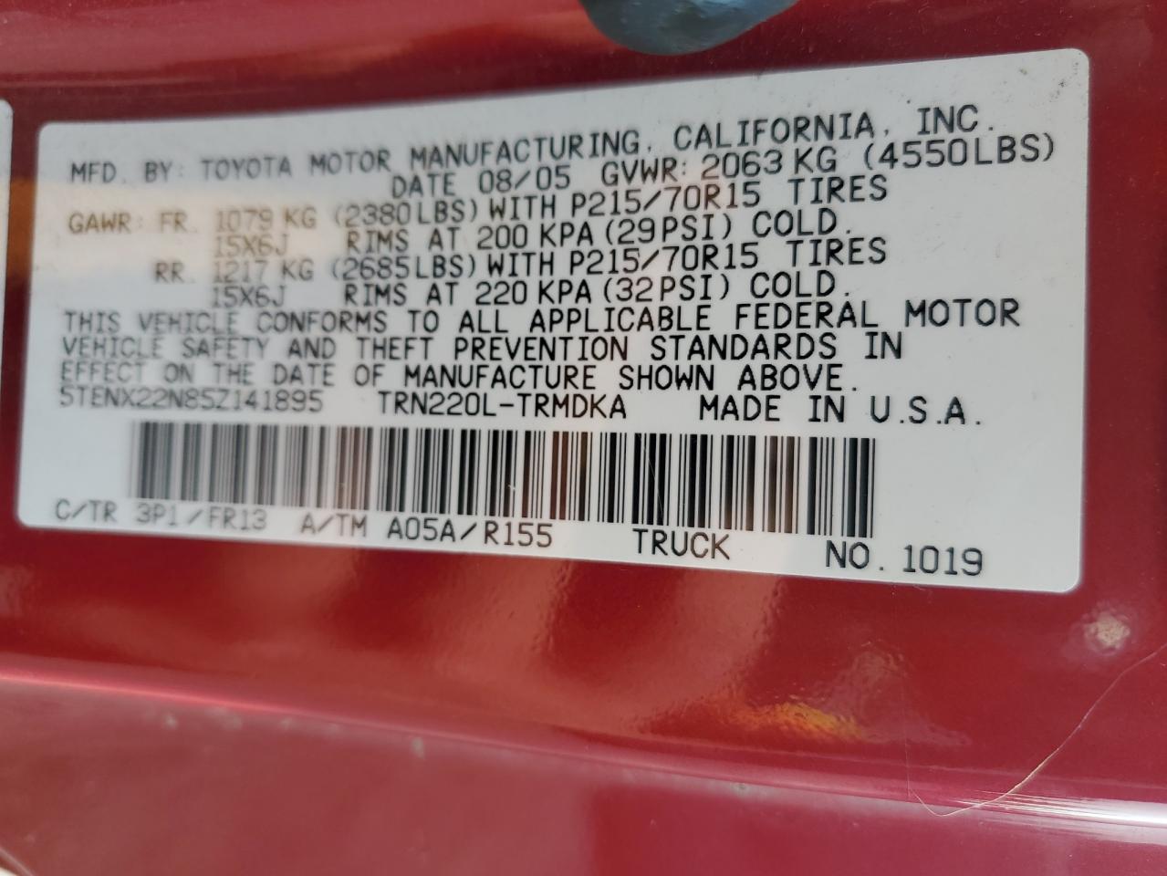 2005 Toyota Tacoma VIN: 5TENX22N85Z141895 Lot: 80205975