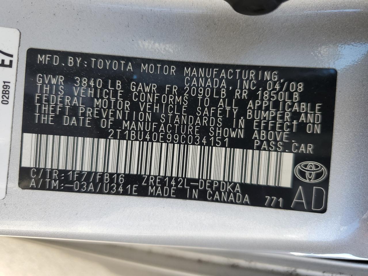 2009 Toyota Corolla Base VIN: 2T1BU40E99C034151 Lot: 70637595