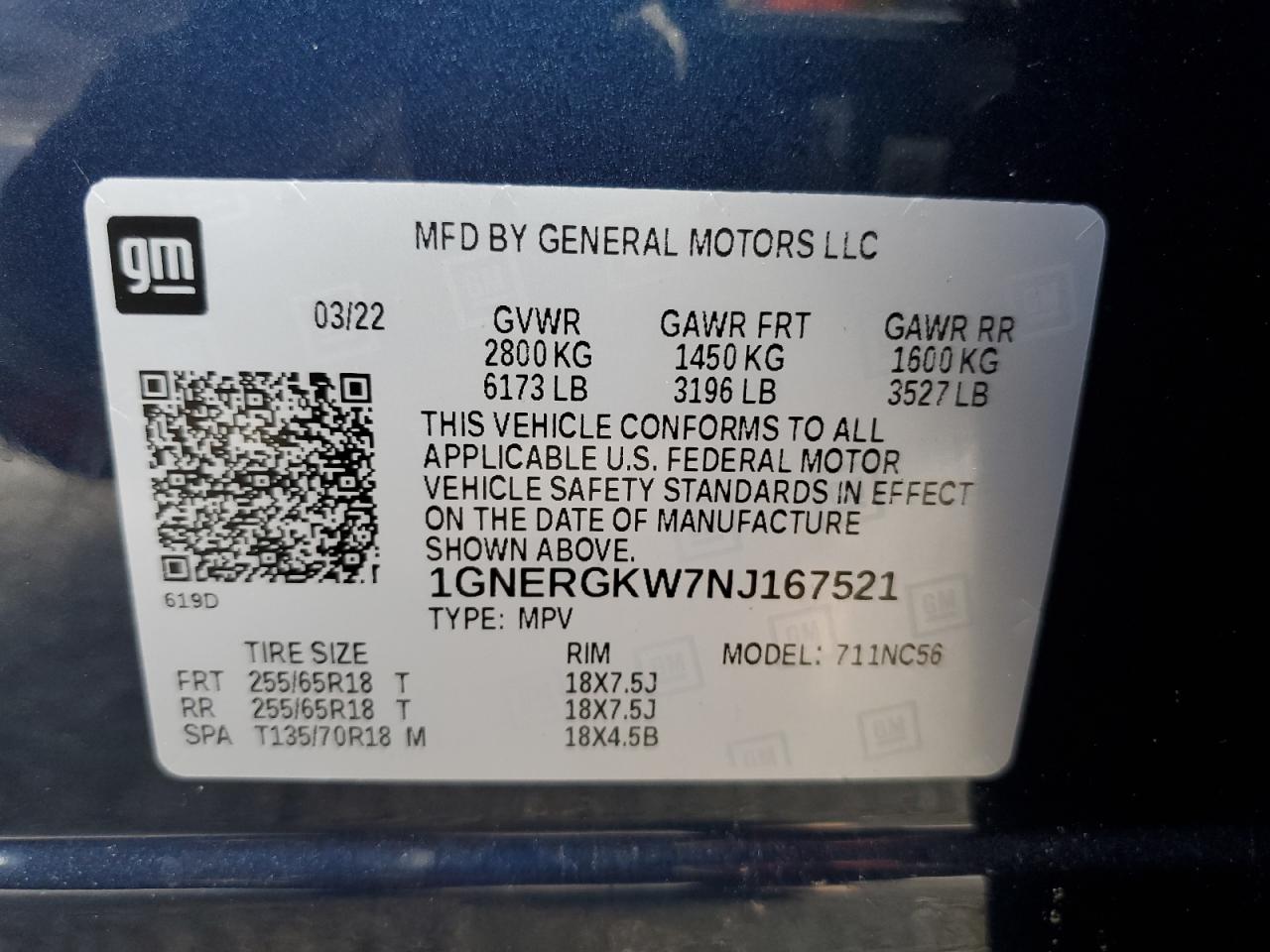 2022 Chevrolet Traverse Lt VIN: 1GNERGKW7NJ167521 Lot: 83942425