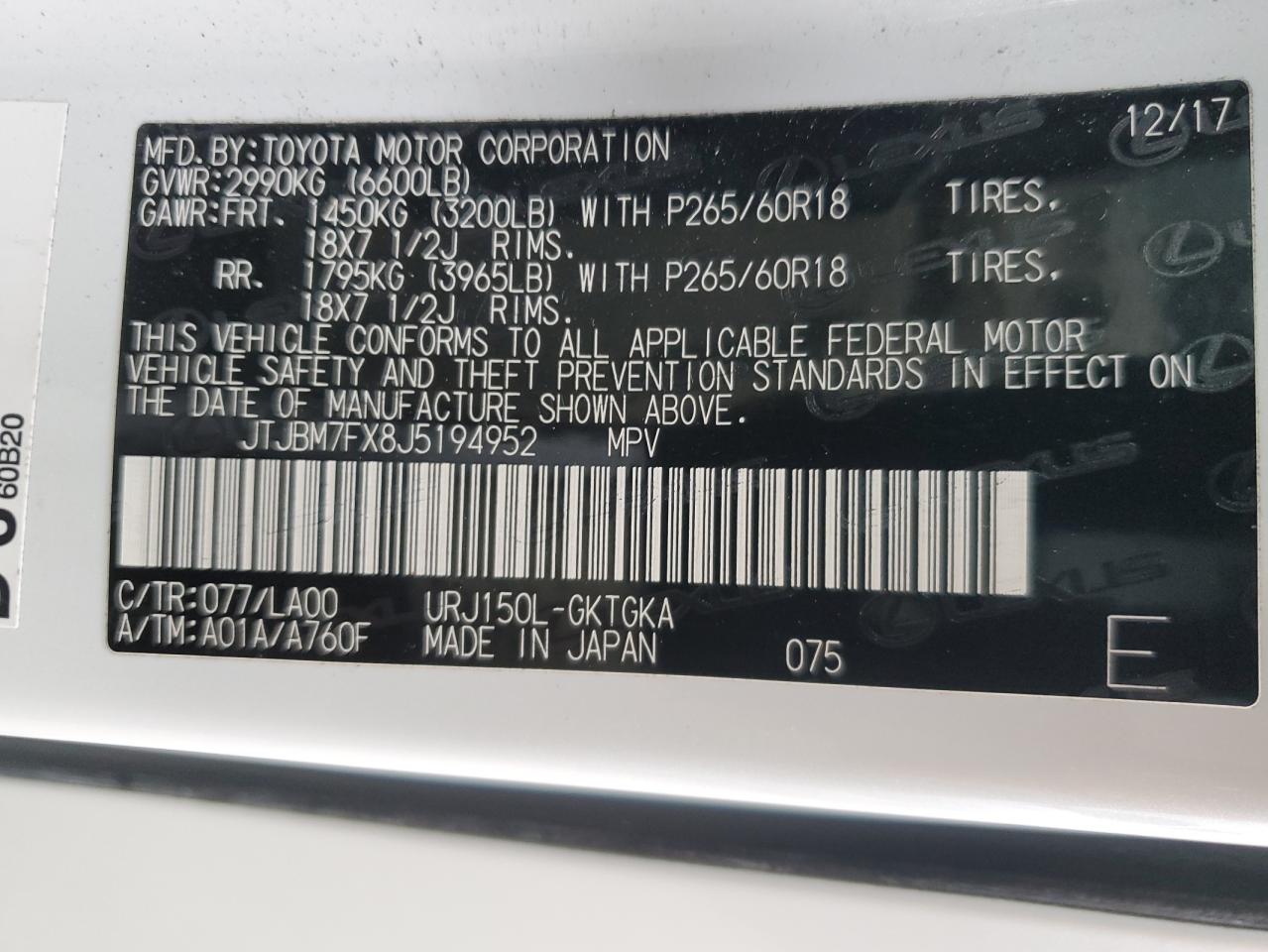2018 Lexus Gx 460 VIN: JTJBM7FX8J5194952 Lot: 81734975