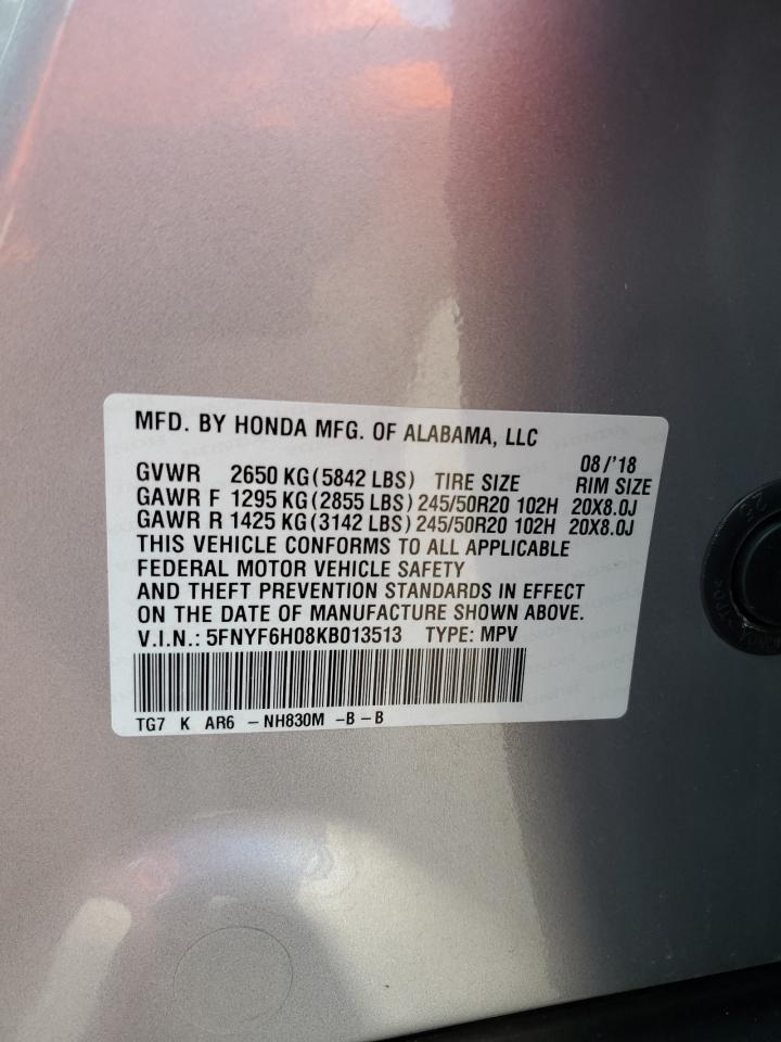 2019 Honda Pilot Elite VIN: 5FNYF6H08KB013513 Lot: 71543105