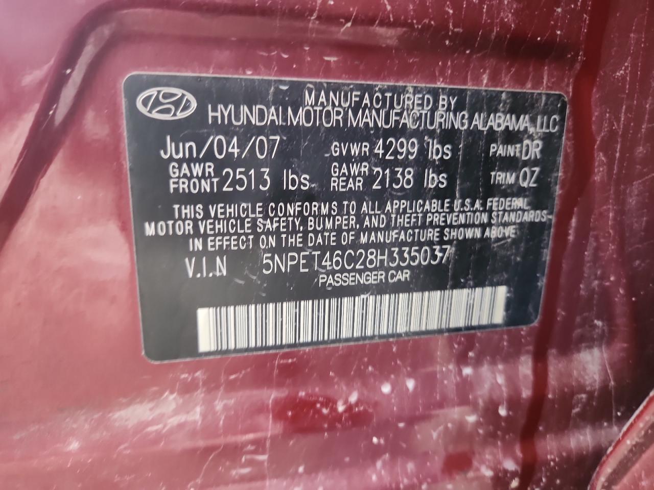 2008 Hyundai Sonata Gls VIN: 5NPET46C28H335037 Lot: 81297155
