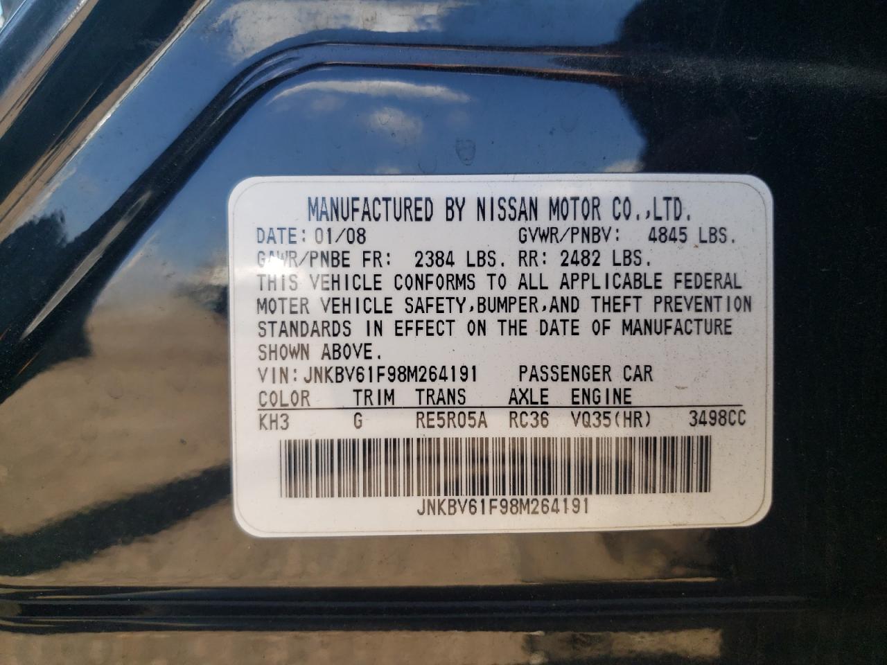 2008 Infiniti G35 VIN: JNKBV61F98M264191 Lot: 71015925