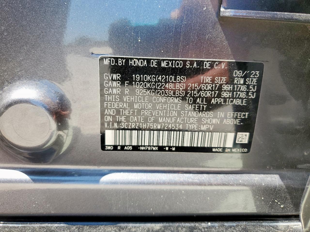 2024 Honda Hr-V Exl VIN: 3CZRZ1H75RM724534 Lot: 71883535