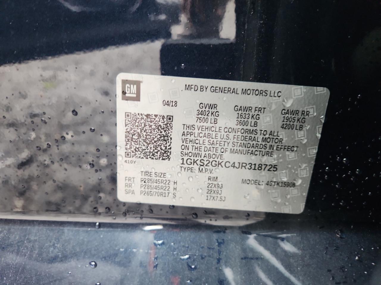 2018 GMC Yukon Xl K1500 Slt VIN: 1GKS2GKC4JR318725 Lot: 83813505