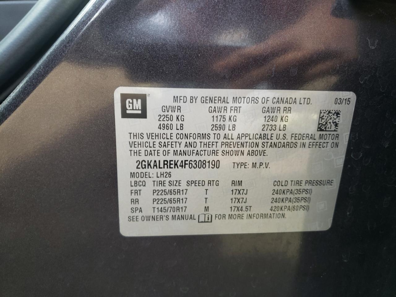 2015 GMC Terrain Sle VIN: 2GKALREK4F6308190 Lot: 71704465