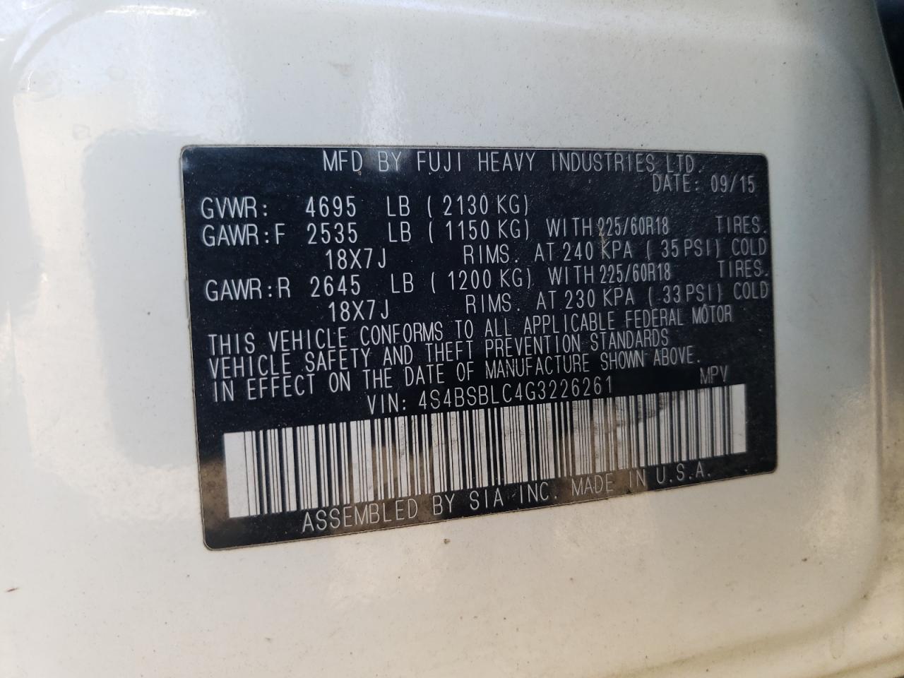 2016 Subaru Outback 2.5I Limited VIN: 4S4BSBLC4G3226261 Lot: 80928295