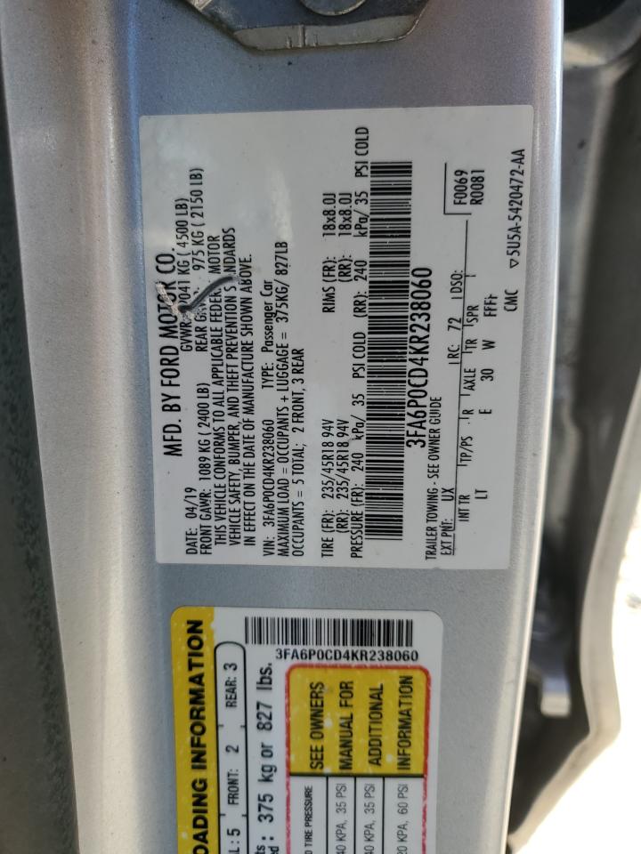 2019 Ford Fusion Sel VIN: 3FA6P0CD4KR238060 Lot: 71842425