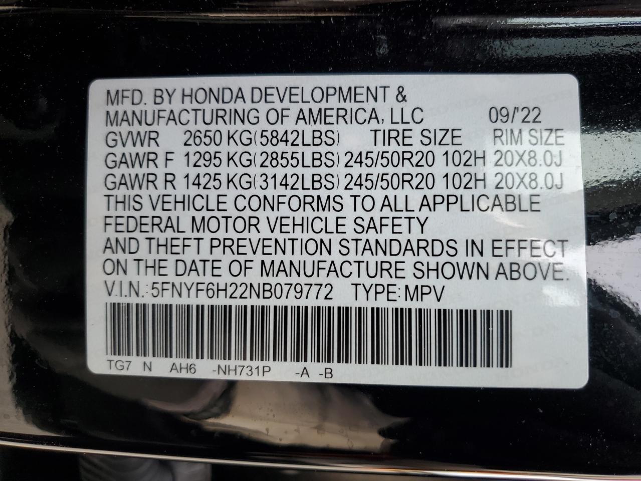2022 Honda Pilot Se VIN: 5FNYF6H22NB079772 Lot: 80030405